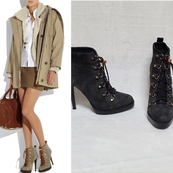 Tory Burch Shoes - TORY Burch Halima Gray Camel Suede Gold Accent Lace-up Platform Ankle Booties 9M